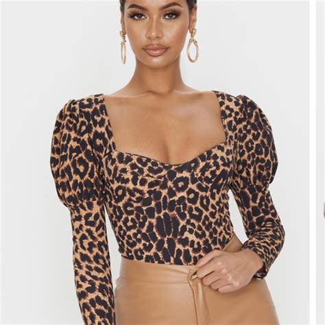 Tan Leopard Print Square Neck With Puff Sleeve Depop