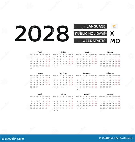 Calendar 2028 Turkish Language with Cyprus Public Holidays. Stock