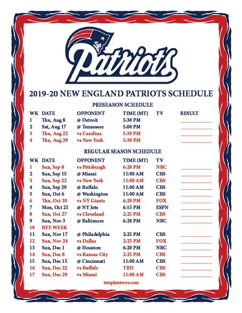 Printable 2019-2020 New England Patriots Schedule