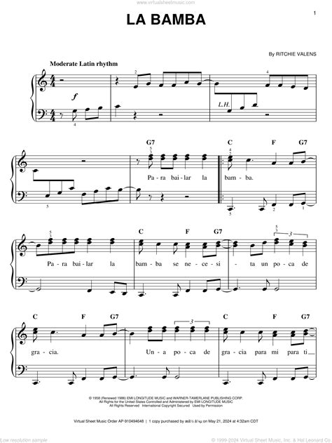 Lobos La Bamba Sheet Music Easy For Piano Solo PDF