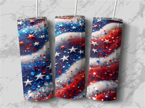 Patriotic American Flag Tumbler T Glitter Red White Blue Stars