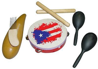 Kit Parrandero De Puerto Rico Con Claves Set De Guiro Pandereta Y