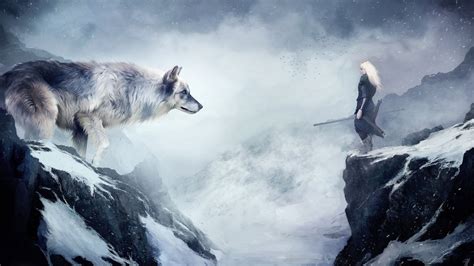 Online crop | person holding sword in front of wolf painting, artwork ...