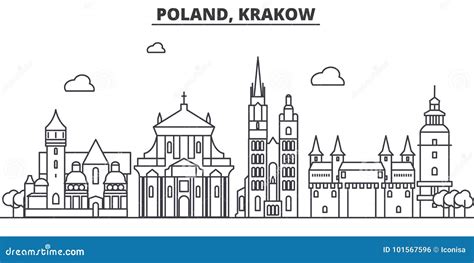 Poland Krakow Architecture Line Skyline Illustration Linear Vector