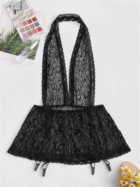 Halter Lace Gartered Dress Black In 2020 Garter Dress Fashion Clothes Women Sheer Lace Dress