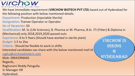 145 Openings VIRCHOW BIOTECH PVT LTD Immediate Requirements For