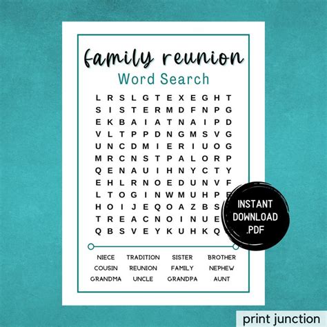 the family reunion word search is shown on a blue background with a ...