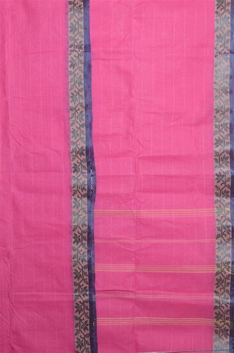 Tvis And Bliss Pink Bengal Cotton Saree With Blue Floral Border