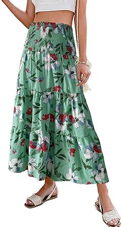 Herbatomia Womens Maxi Floral Print Skirt Summer Boho High Elastic