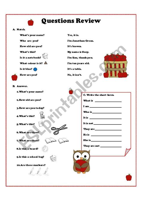 Elementary Questions Review Esl Worksheet By Melissab