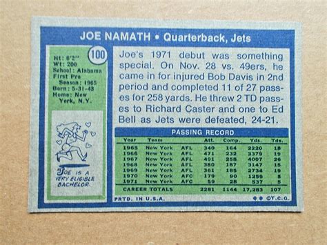 1972 Topps Joe Namath New York Jets 100 Football Card VG Condition EBay