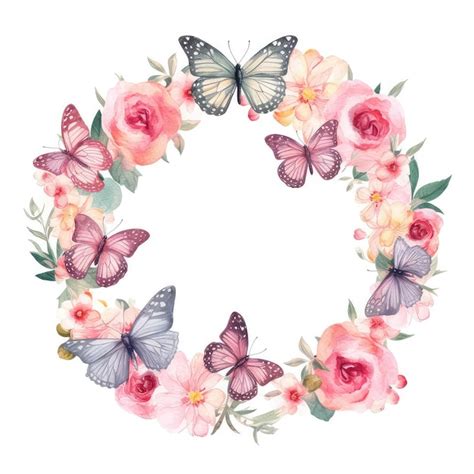 Premium Ai Image Watercolor Wreath Of Flowers With A Butterfly