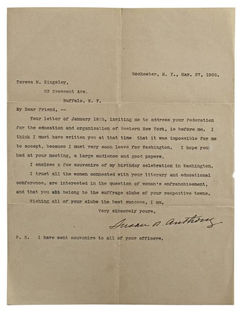 Susan B Anthony Signed 8 25x10 75 Letter Beckett Pristine Auction