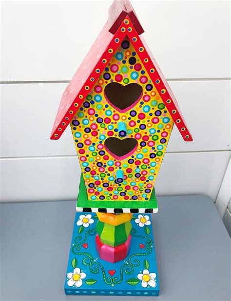 Colorful Painted Birdhouse On Pedestal Stand Whimsical Bird House