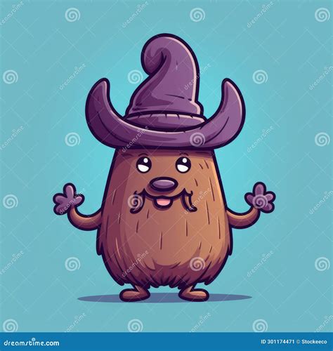 Cute Cartoon Character With Purple Hat And Wizard Hat Stock