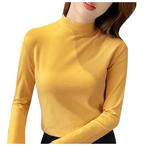 Wefuesd Womens Long Sleeve Tops Women Slim Casual Solid Long Sleeve Mock Turtleneck Blouse Tops