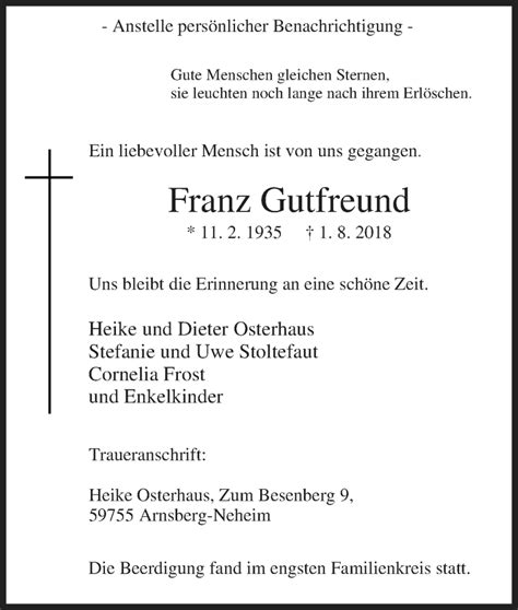 Traueranzeigen Von Franz Gutfreund Trauer In NRW De