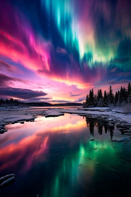 Premium Photo Fantastic Winter Landscape With Frozen Lake And Aurora