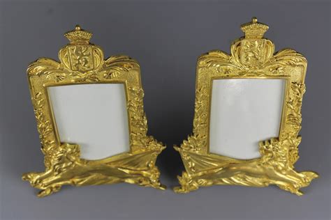 Pair of Gilt Bronze Picture Photo Frames with Lions and Royal Crowns