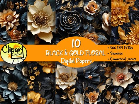 D Schwarz Gold Floral Digital Papiere Mit Kommerzieller Nutzung