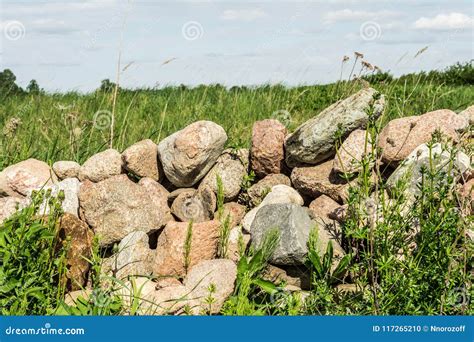 A Small Group Of Stones A Hill Of Stones Overgrown With Green Grass