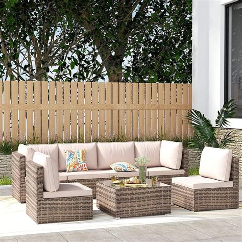 Cesicia Brown 7 Piece Wicker Outdoor Sectional Set With Kihaki Cushions