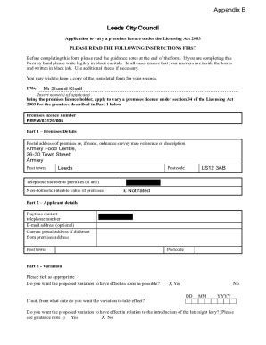 Fillable Online APPENDIX B Application To Vary A Premises Licence Under