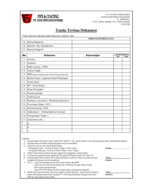 Pdf Bukti Tanda Terima Dokumen Khi Pipe Pdf File Invoice