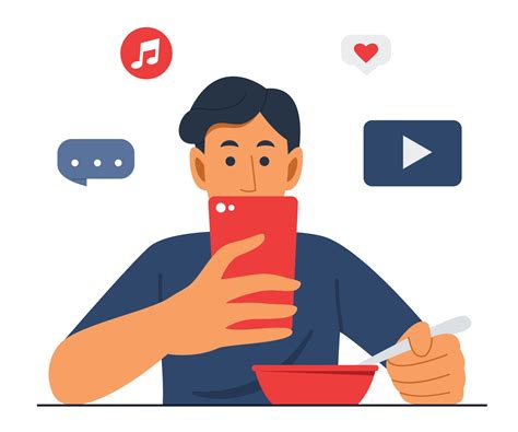 Man Is Eating Food While Watching Mobile Phone Vector Art At