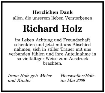 Traueranzeigen Von Richard Holz Saarbruecker Zeitung Trauer De