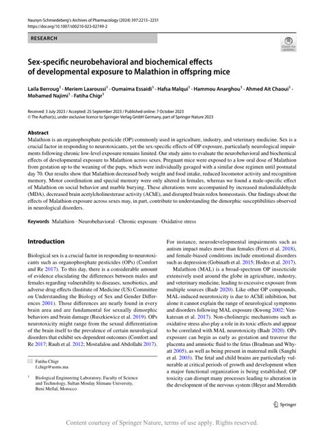 Sex Specific Neurobehavioral And Biochemical Effects Of Developmental