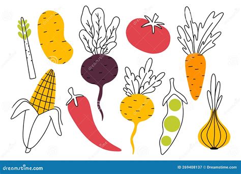 Set Of Root Crops In Doodle Style Collection Of Vegetables In A Linear Style Vector