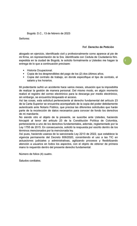 D P Derecho de Petición Bogotá D 13 de febrero de 2023 Señores