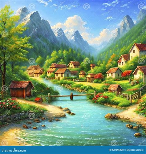 Small Village Style Oil Painting Stock Illustration - Illustration of ...