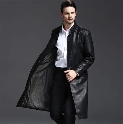 Stand Collar 2018 Autumn Long Leather Coats Men Casual Double Breasted Coat Mens Leather Trench