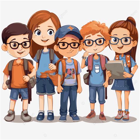 Classmates Clipart Multiple Kids In Glasses With Backpacks Standing Cartoon Vector, Glasses ...