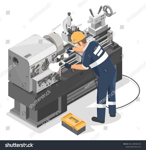 Vektor Stok Technician Cleaning Metal Lathe Machine After Tanpa