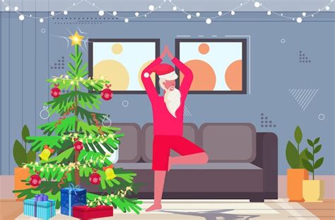 Premium Vector Santa Claus Doing Yoga Exercises Bearded Man Standing