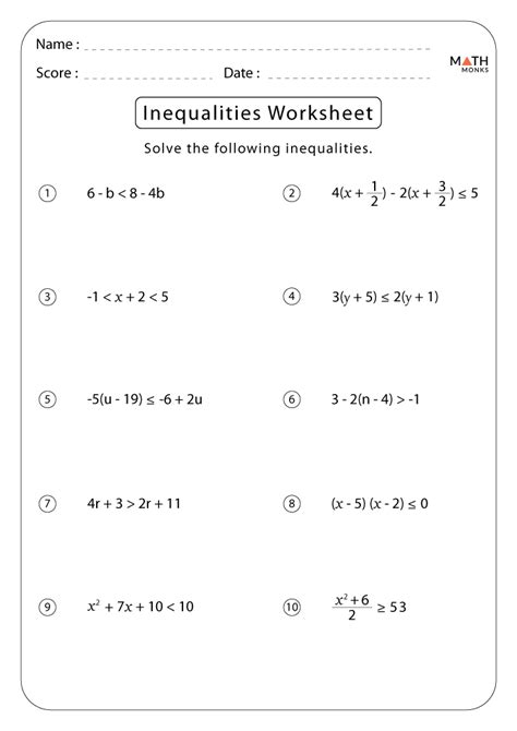 Real World Inequality Problems Worksheets