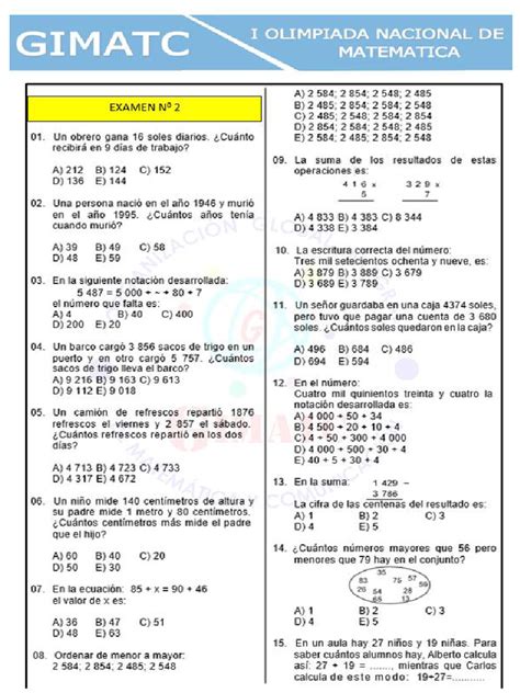 4to Grado Matematica Exámen Pdf