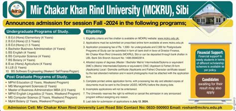 Admissions Mir Chakar Khan Rind University Sibi