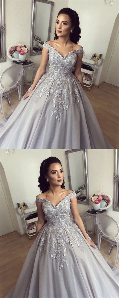 Silver Wedding Dresses Ball Gowns Lace Embroidery Off Shoulder E0167