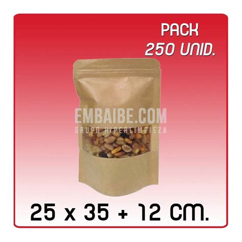 250 Bolsas Papel Kraft Doypack Ventana 25x35 12cm