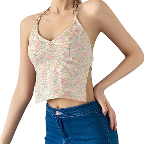 Women Colorful Knit Halter Top Y2k Backless Camisole Sexy Low Cut Vest Irregular Hem Crop Top