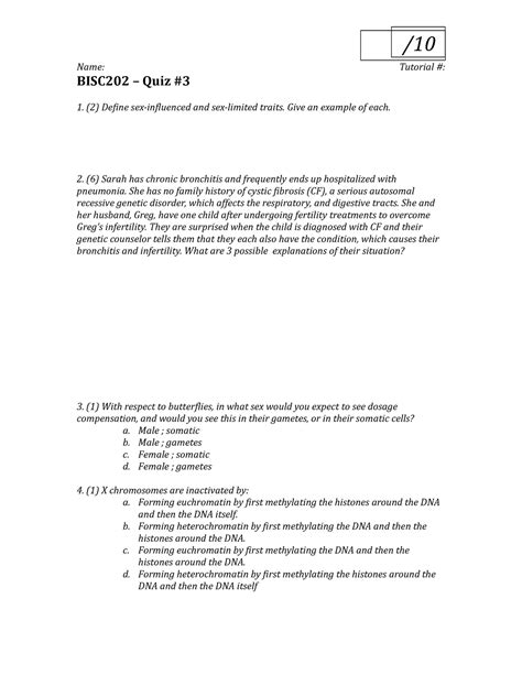 BISC202 Quiz 4 Quiz 4 10 Name Tutorial BISC202 Quiz 3 1