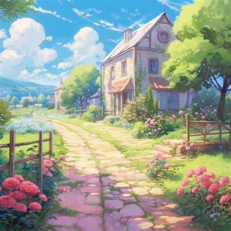 Premium Photo Anime Scenery Of A Country House With A Garden And A