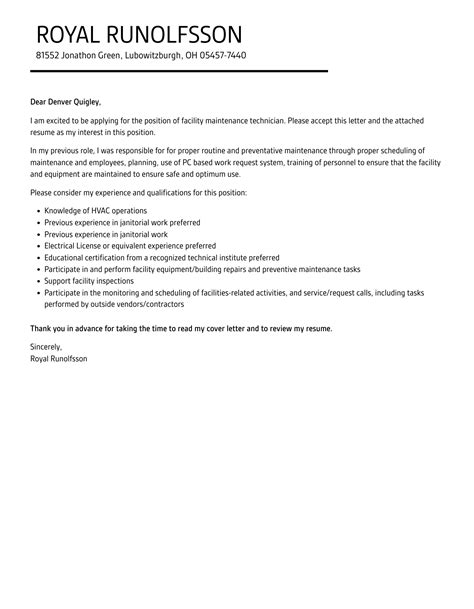 Facility Maintenance Technician Cover Letter Velvet Jobs