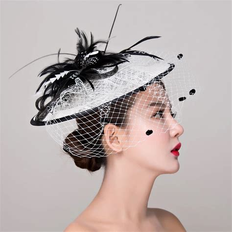 Black White Fascinators For Women Elegant Feather Hair Fascinator Hat