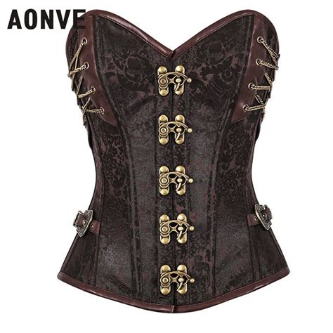 Aonve Steampunk Corset Gothic Brocade Buckle Punk Steel Boned Corset