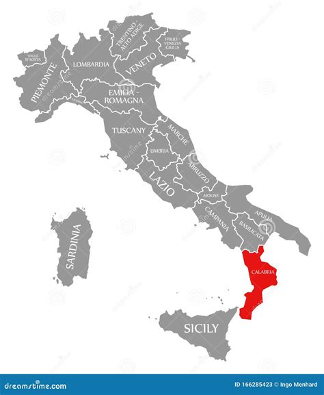 Calabria Red Highlighted In Map Of Italy Stock Illustration